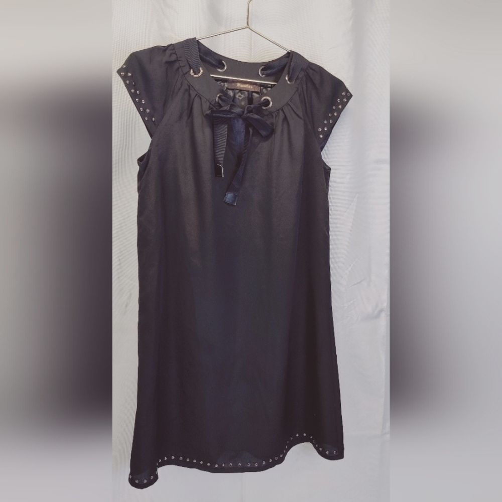 Staccato Black Silky Dress Cap Sleeve Above Knee Laced Tie Bow Collar Studs - Picture 4 of 16